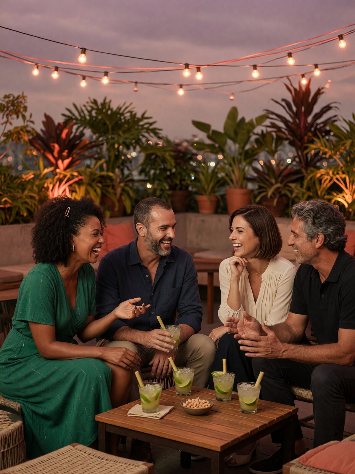 Dois casais conversando e rindo com caipirinhas num rooftop iluminado ao entardecer