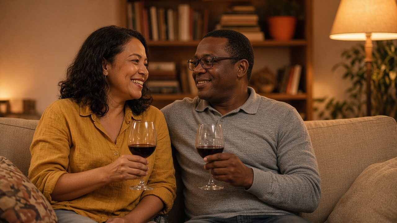 Casal conversando no sofá de casa com uma taça de vinho, numa sala aconchegante