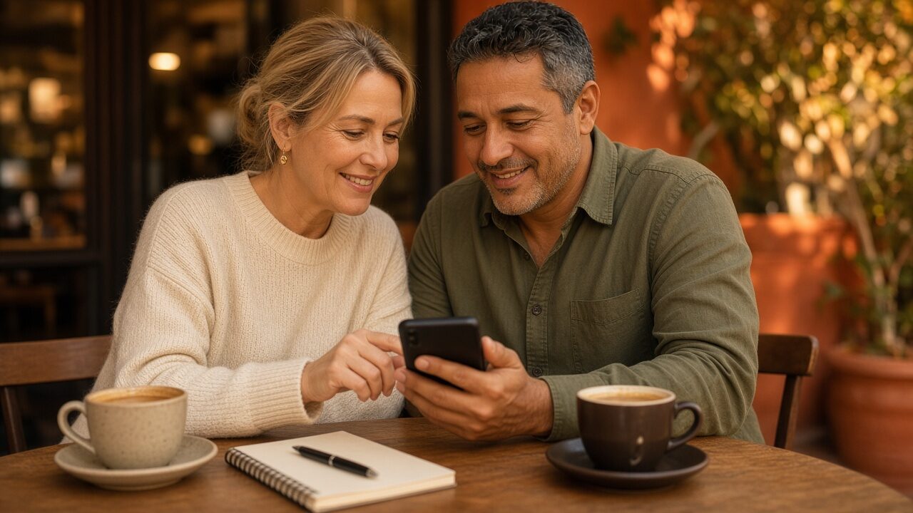 Casal sorrindo enquanto olha junto a tela de um celular numa mesa de café