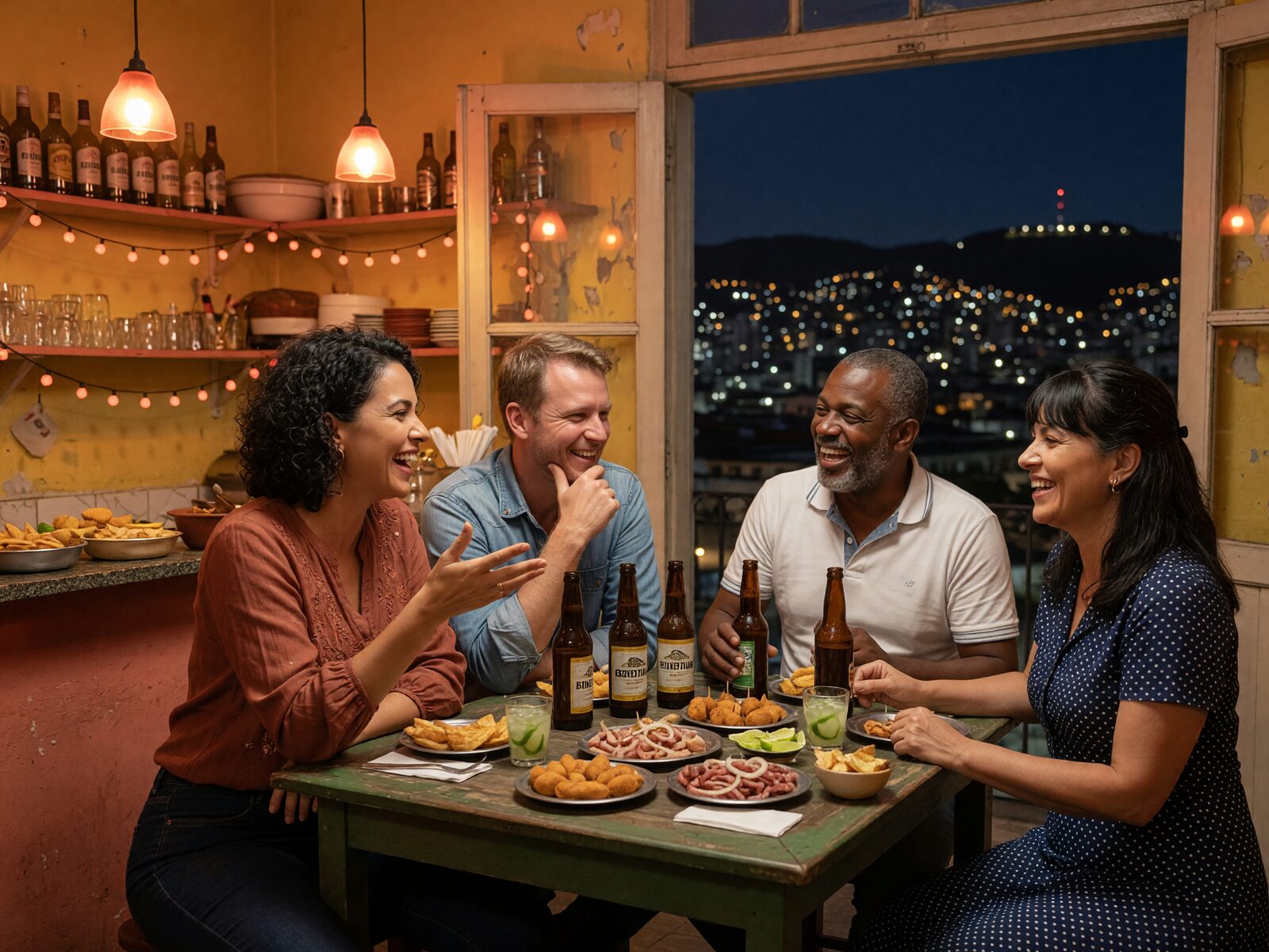 Dois casais conversando e rindo numa mesa de boteco em Belo Horizonte, com as luzes da cidade ao fundo