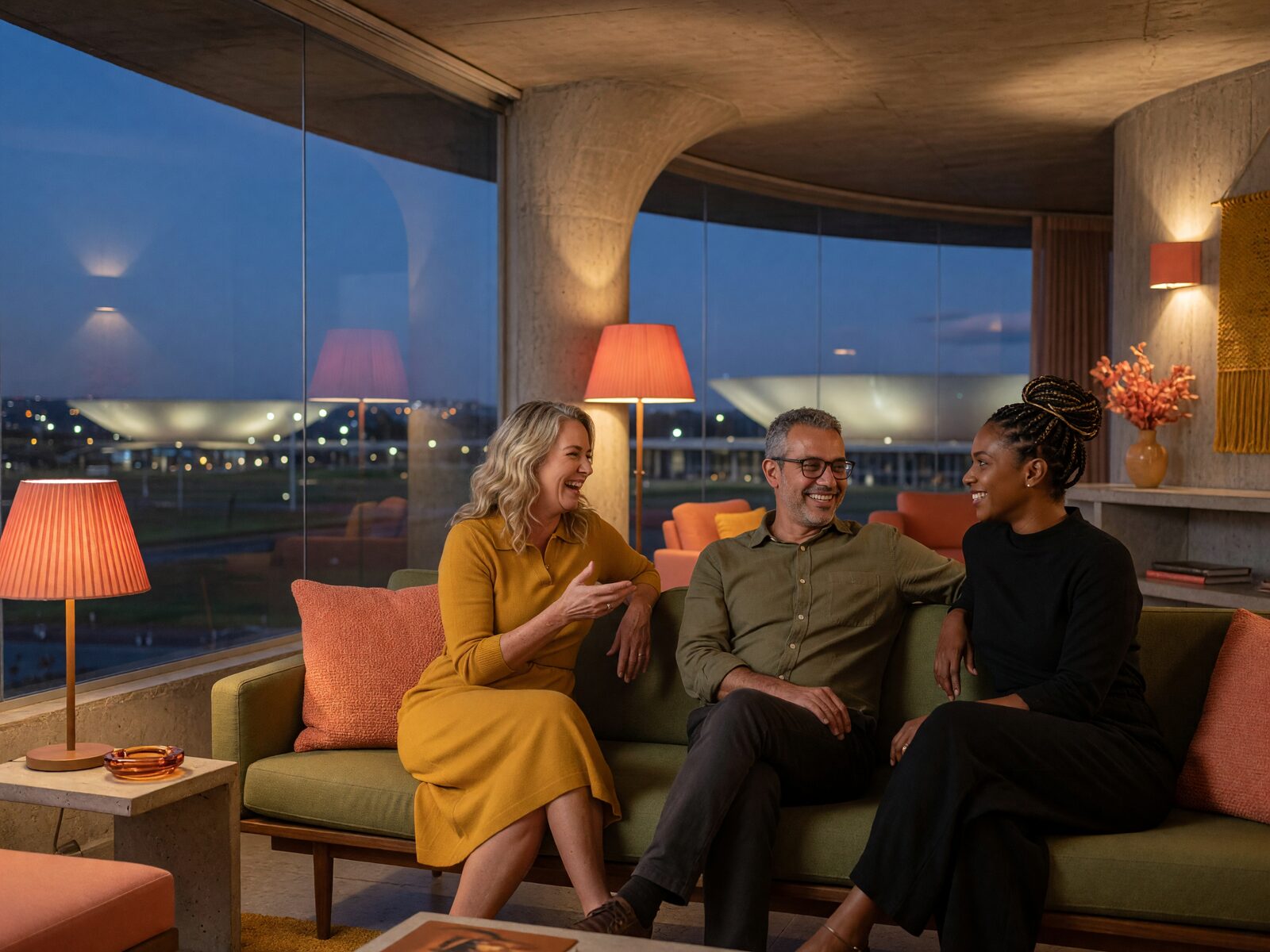 Casal e uma amiga conversando num lounge modernista de Brasília ao entardecer