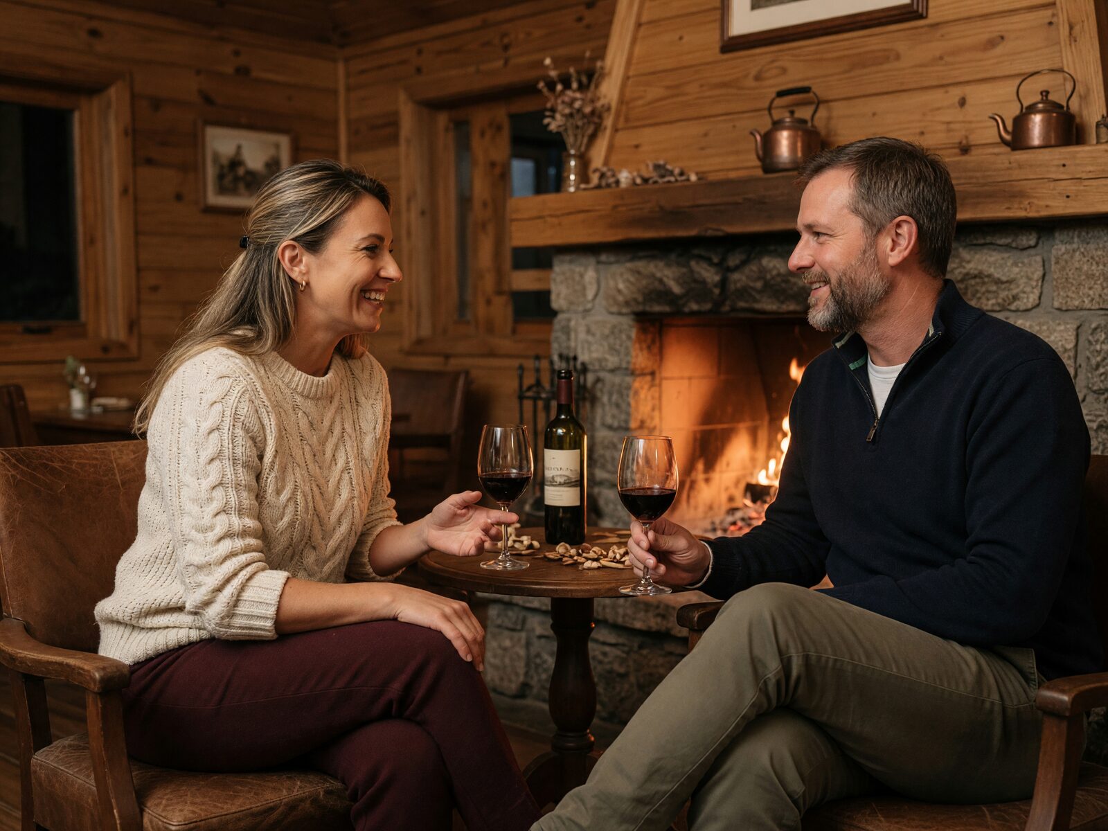 Casal de suéter conversando perto da lareira num bar de madeira no oeste de Santa Catarina