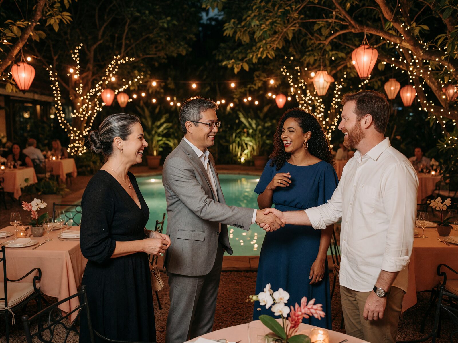 Dois casais se cumprimentando num restaurante com jardim iluminado no interior de São Paulo