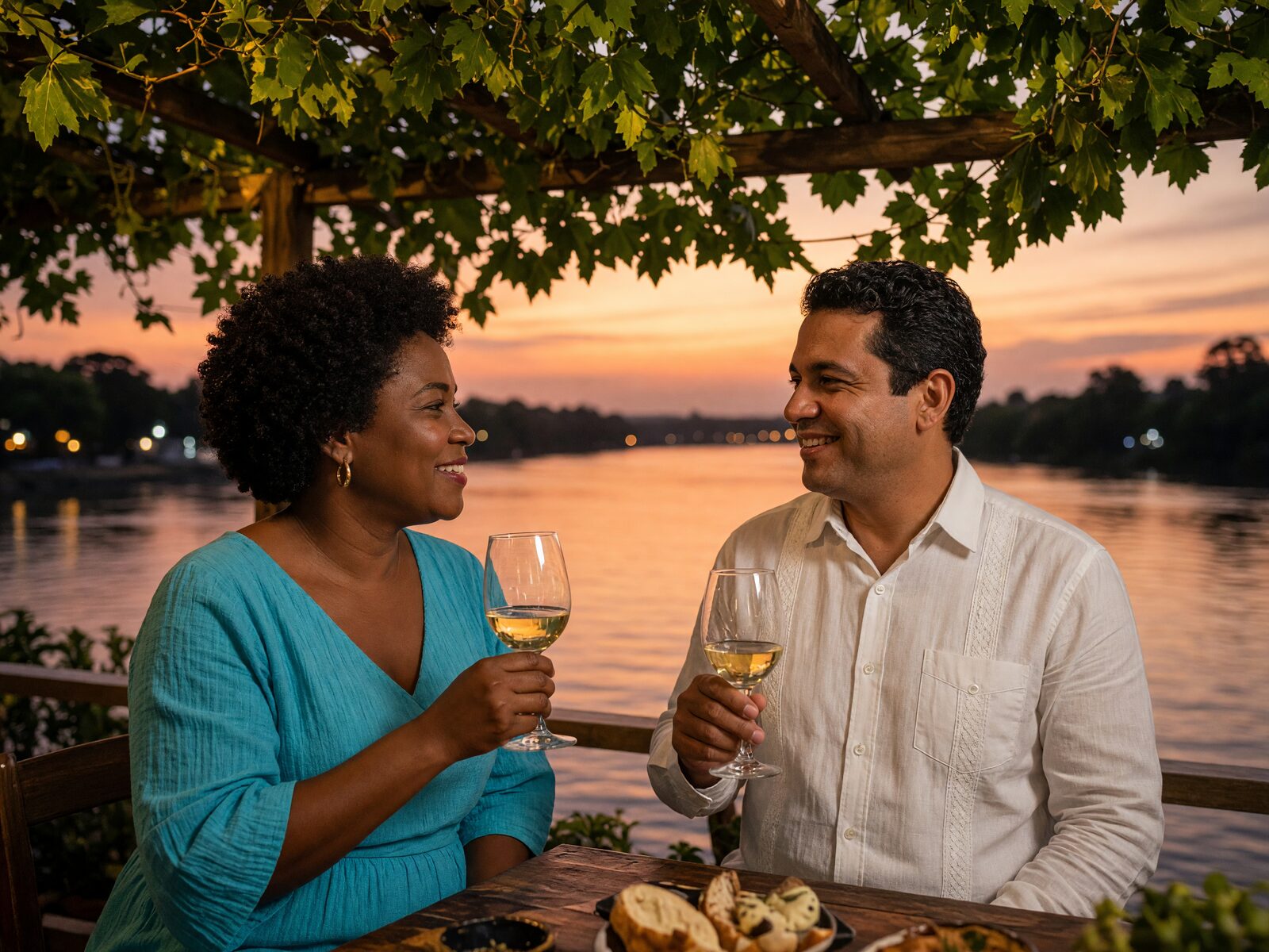 Casal brindando com vinho sob um parreiral, com o rio São Francisco ao pôr do sol ao fundo