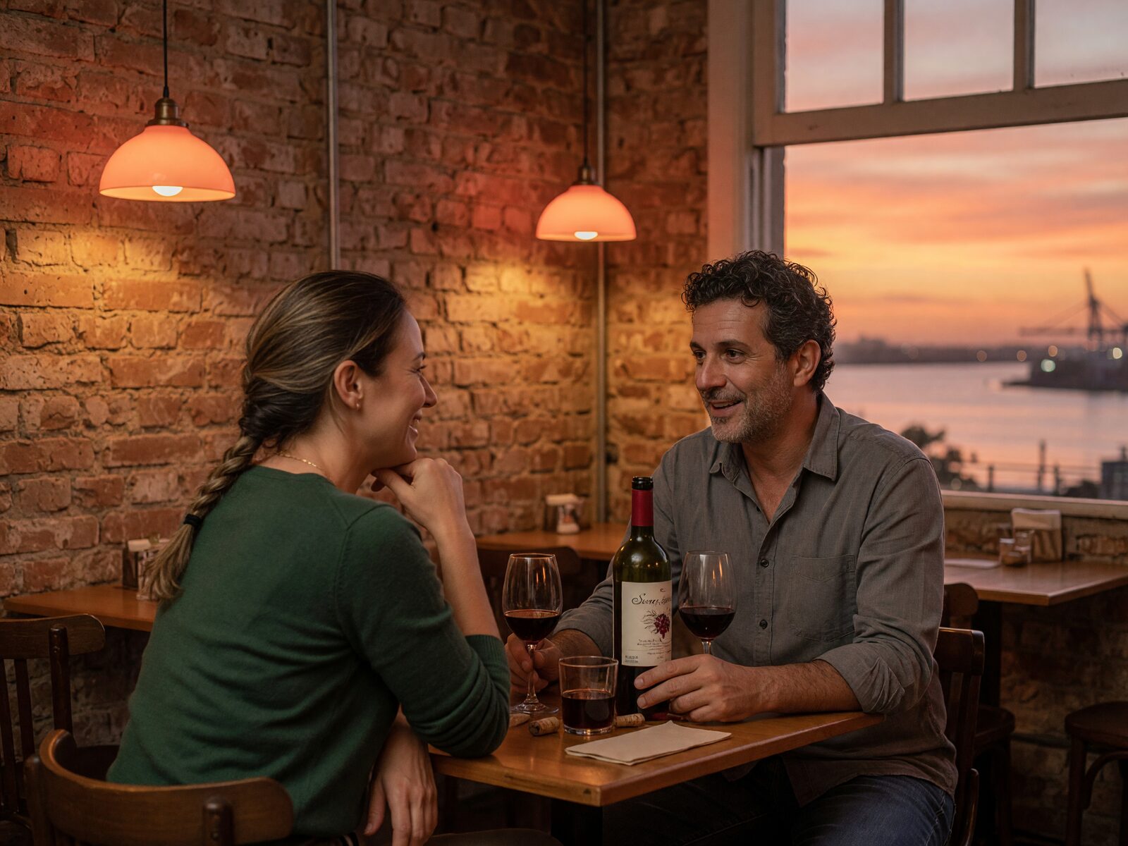Casal dividindo uma garrafa de vinho num bar de tijolos em Porto Alegre, com o pôr do sol no Guaíba