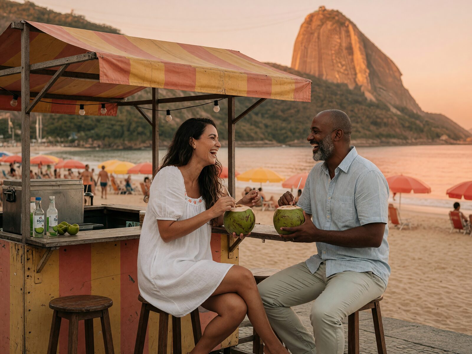 Casal conversando num quiosque de praia no Rio de Janeiro ao pôr do sol, com o Pão de Açúcar ao fundo