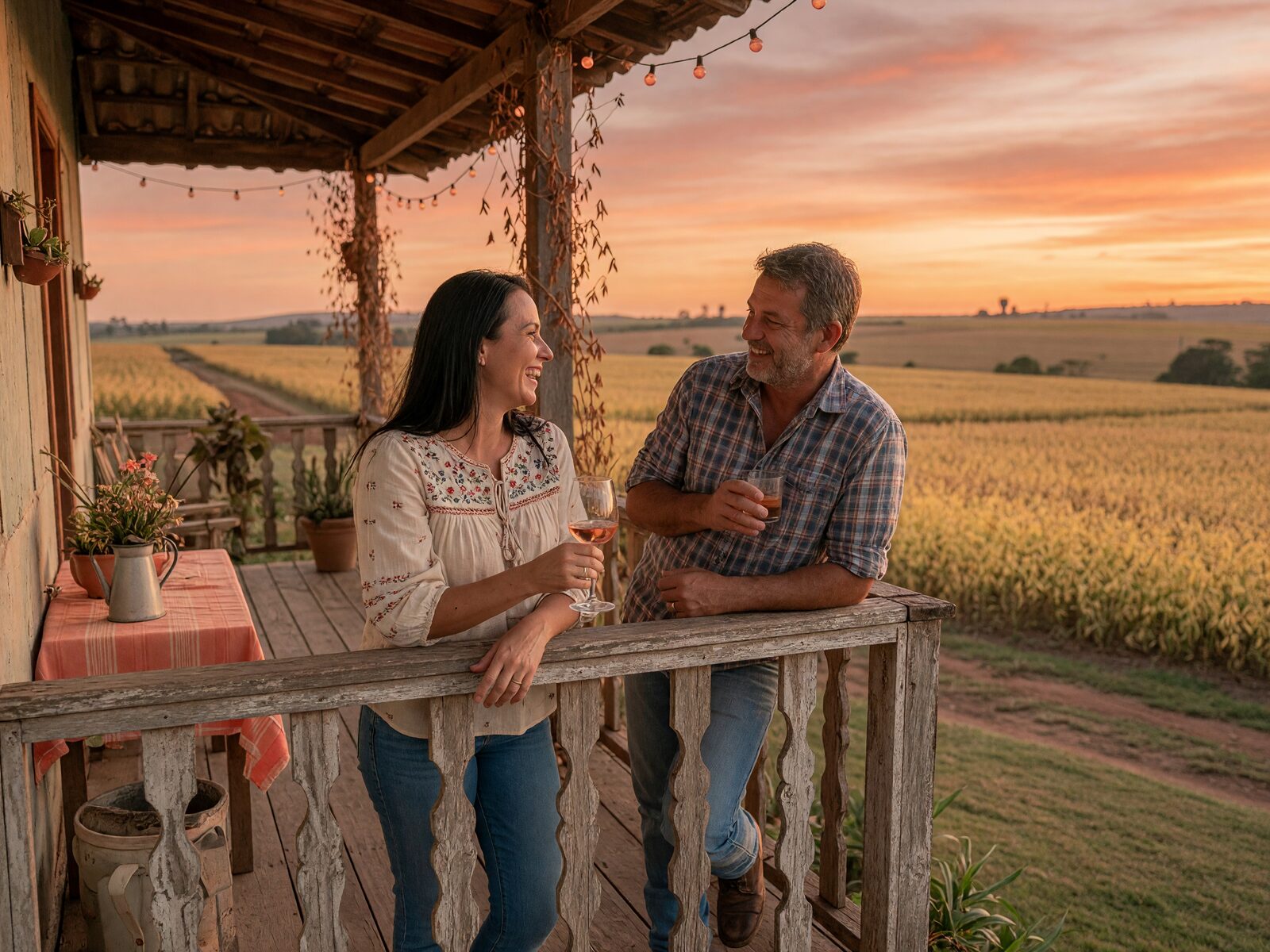 Casal conversando na varanda de uma casa de campo em Goiás ao pôr do sol, com plantações ao fundo
