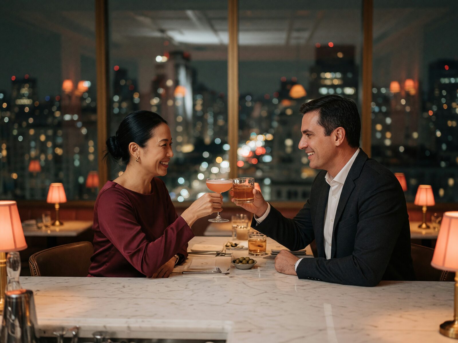 Casal brindando no balcão de um bar elegante com as luzes de São Paulo ao fundo