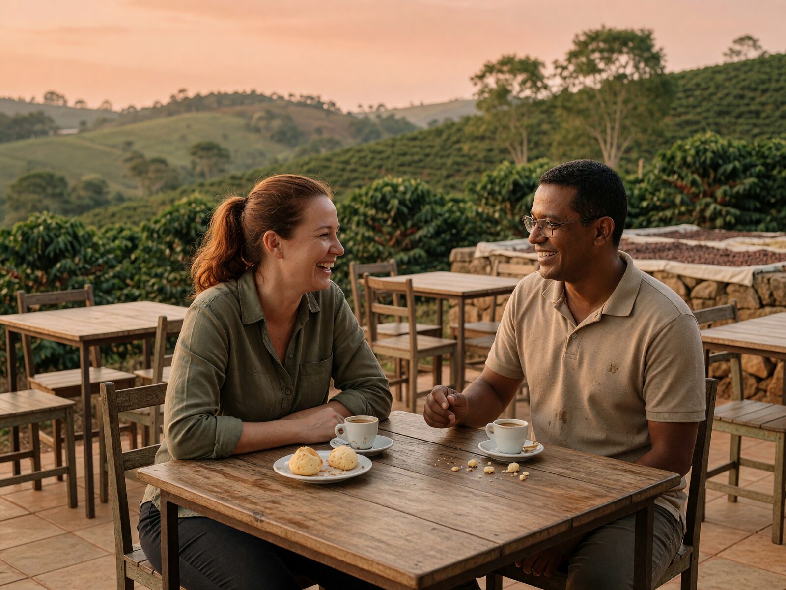 Casal conversando num café de fazenda no Sul de Minas, com cafezais ao fundo